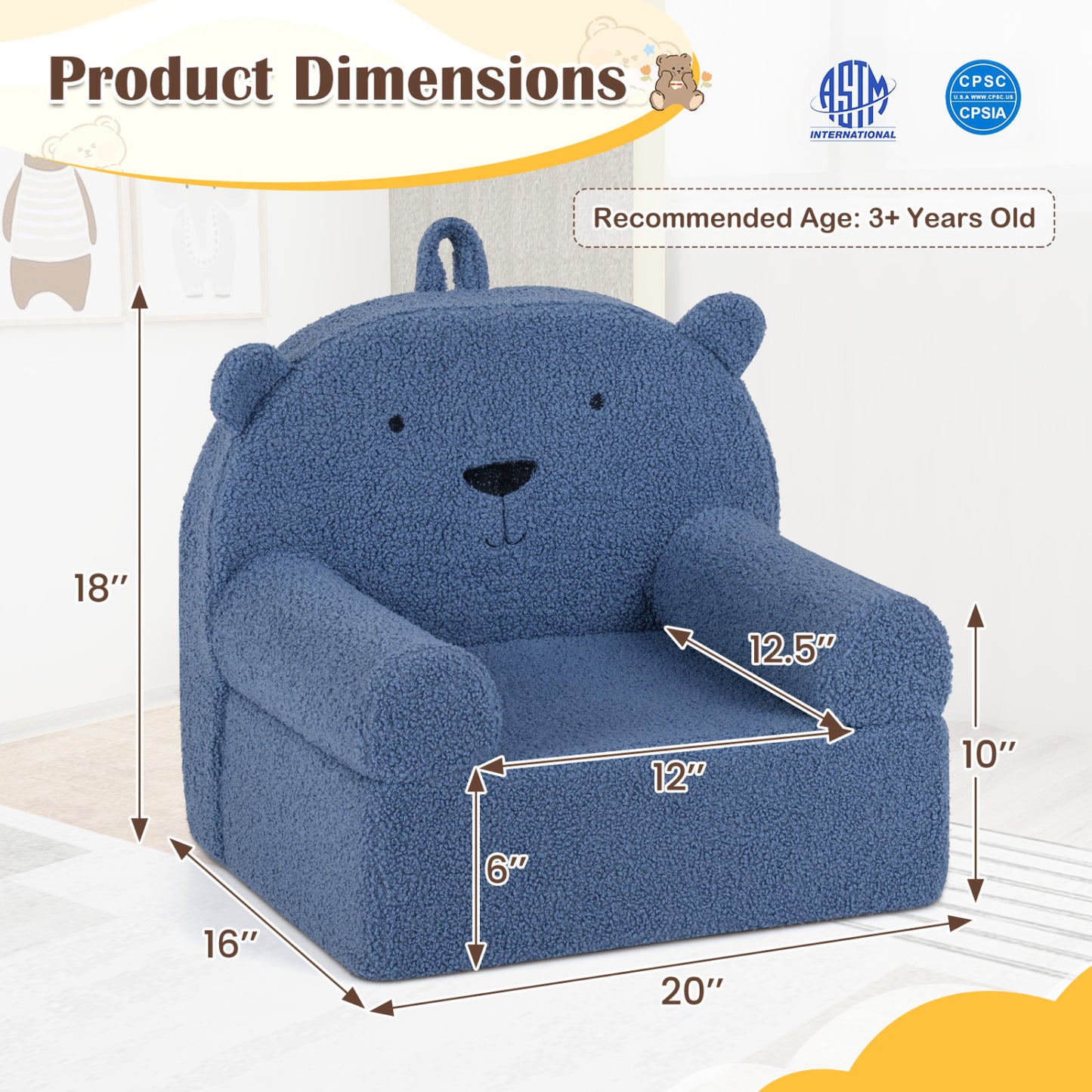 Kids Bear Sofa with Soft Fleece Fabric and Armrests
