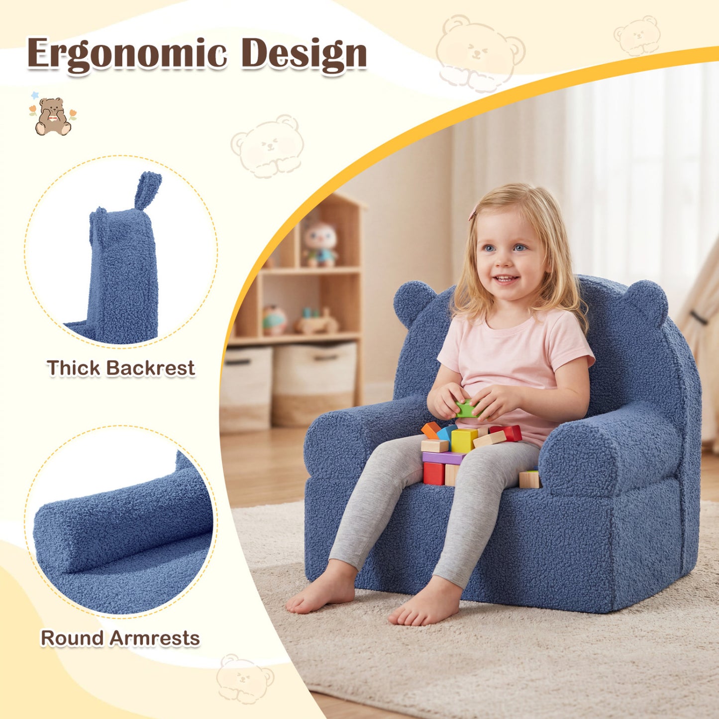 Kids Bear Sofa with Soft Fleece Fabric and Armrests