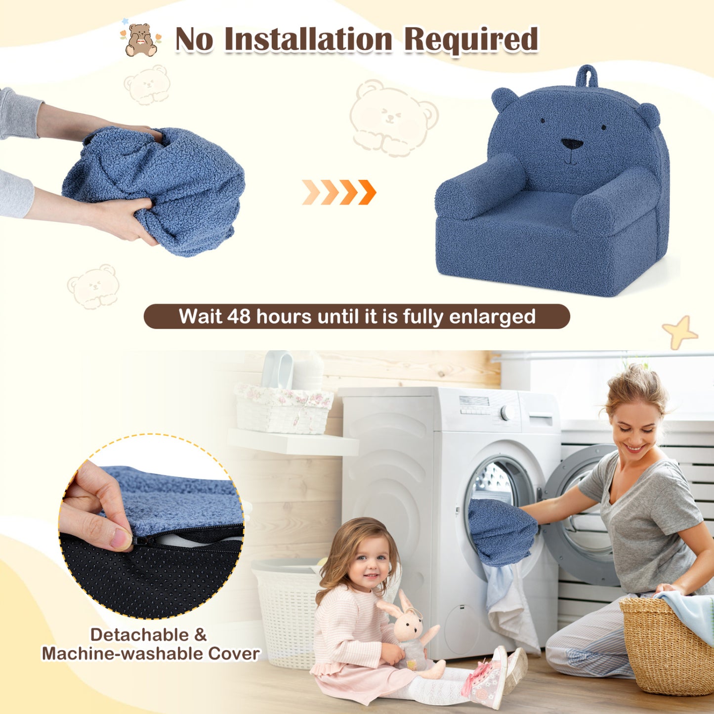 Kids Bear Sofa with Soft Fleece Fabric and Armrests
