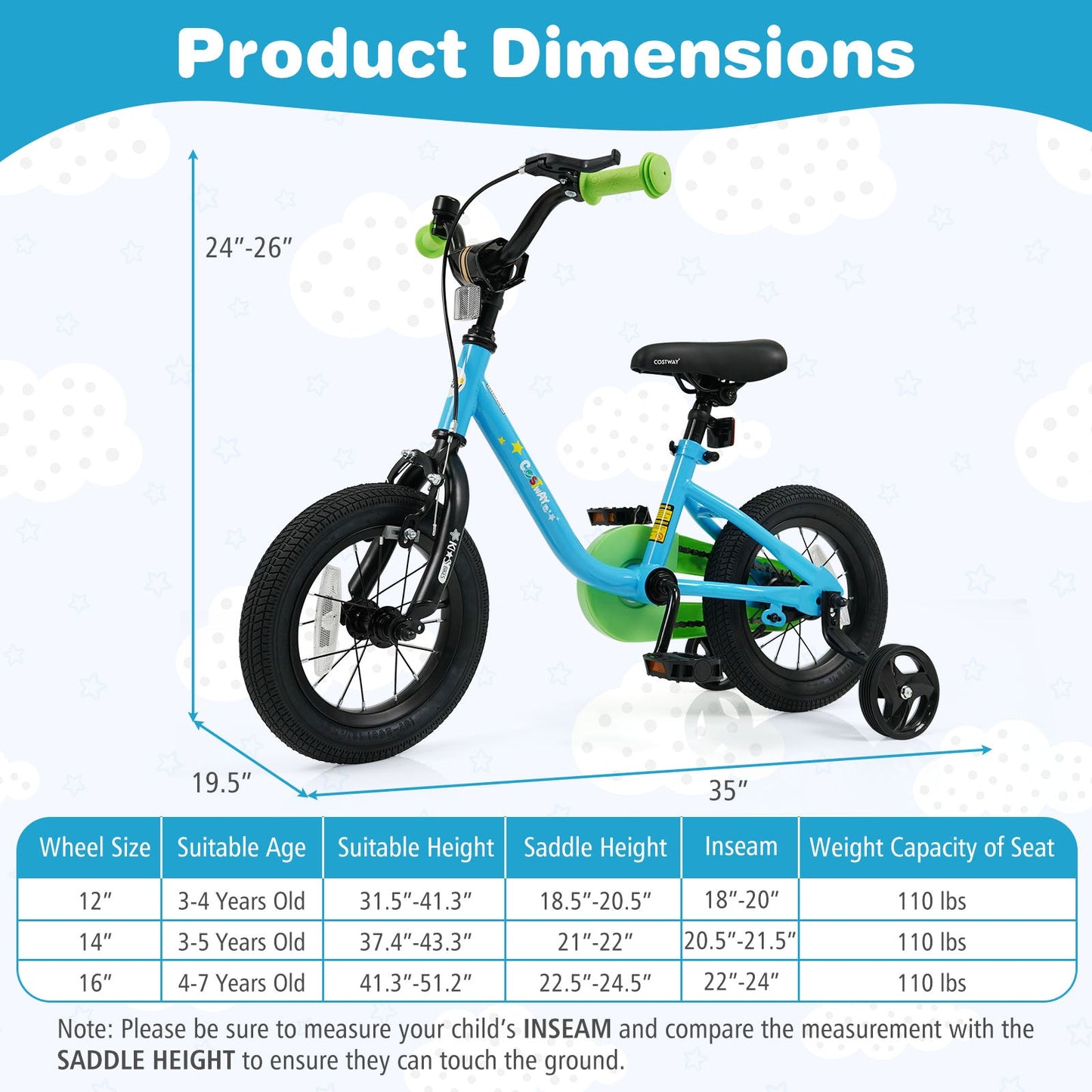 Kids Bike for 3-7 Years Old Boys and Girls 12/14/16-Inch Children Bicycle Blue