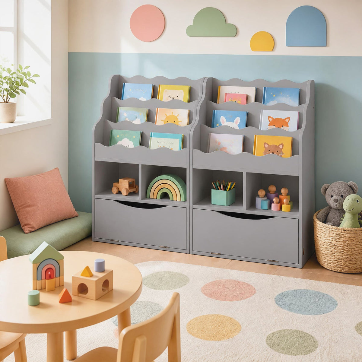 Kids 3-Tier Sling Bookcase with Storage Cabinet