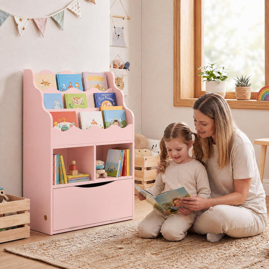 Kids 3-Tier Sling Bookcase with Storage Cabinet