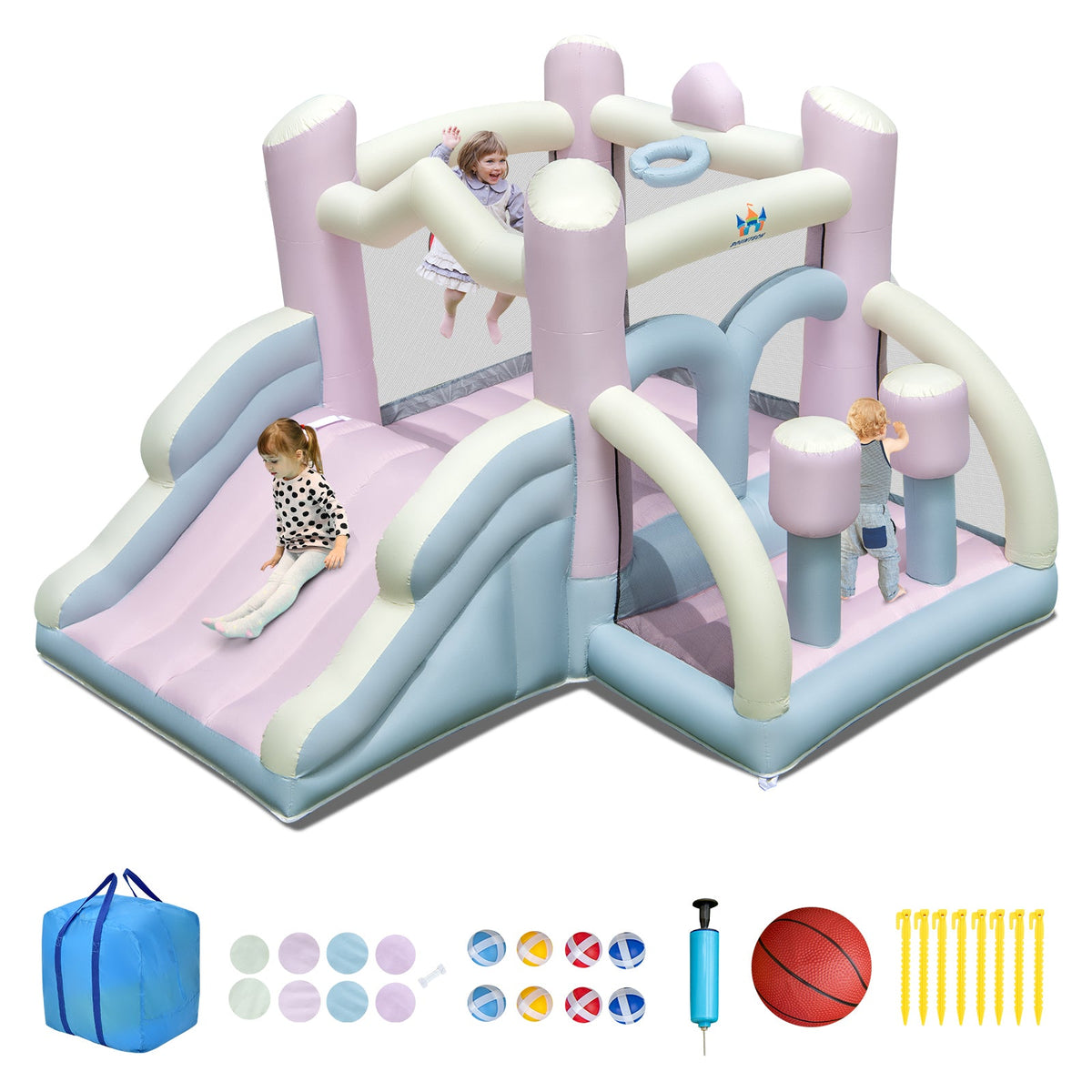 Kids Bounce House with Slide and 2 Boxing Columns for Party without Blower