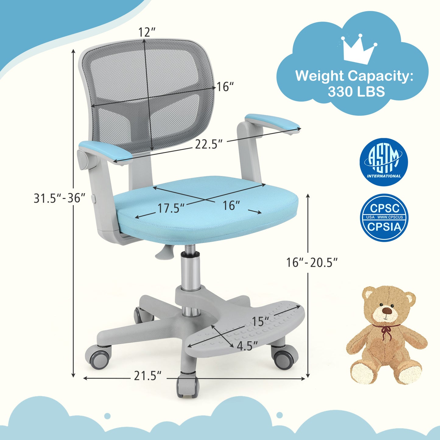 Kids Desk Chair with Adjustable Height and Footrest