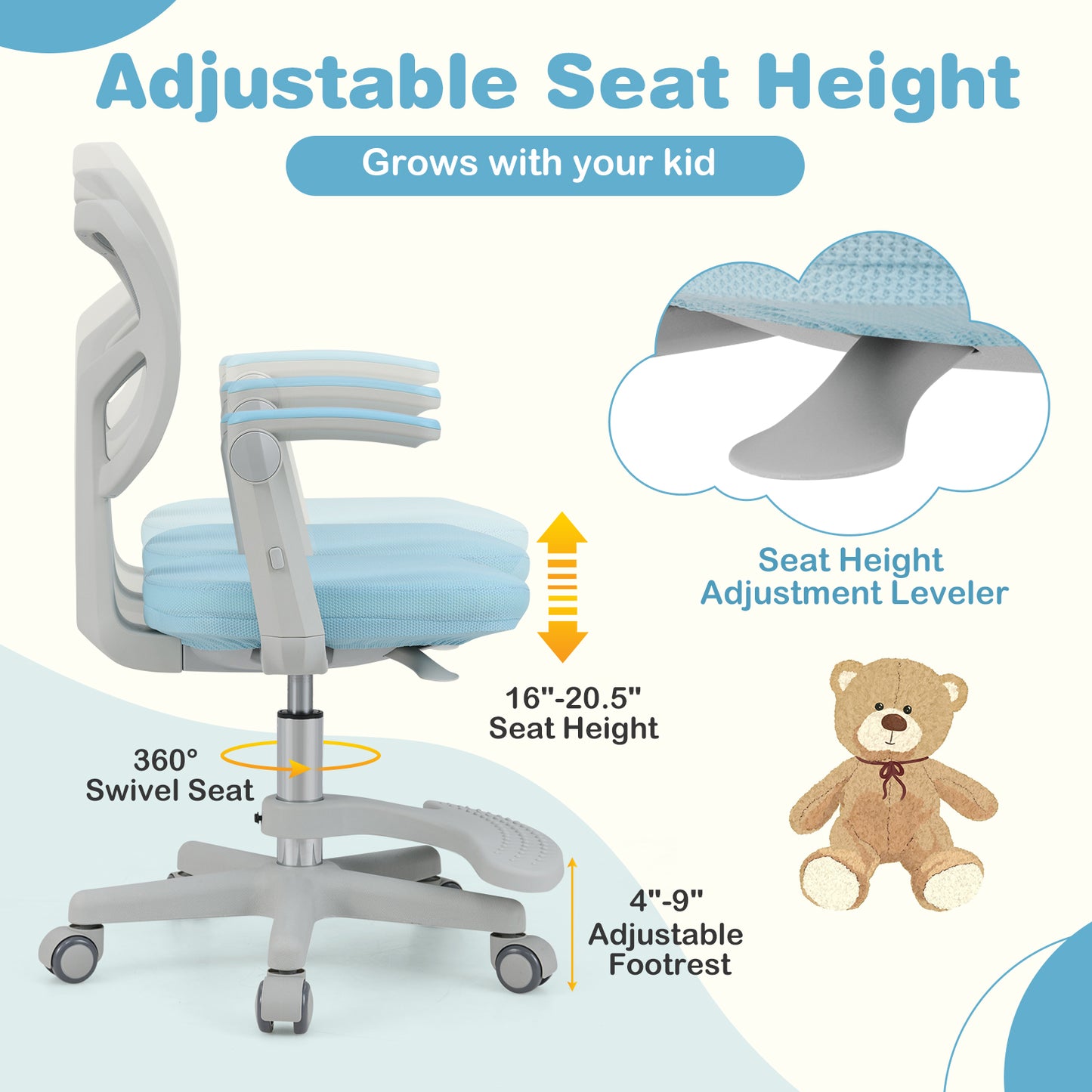 Kids Desk Chair with Adjustable Height and Footrest