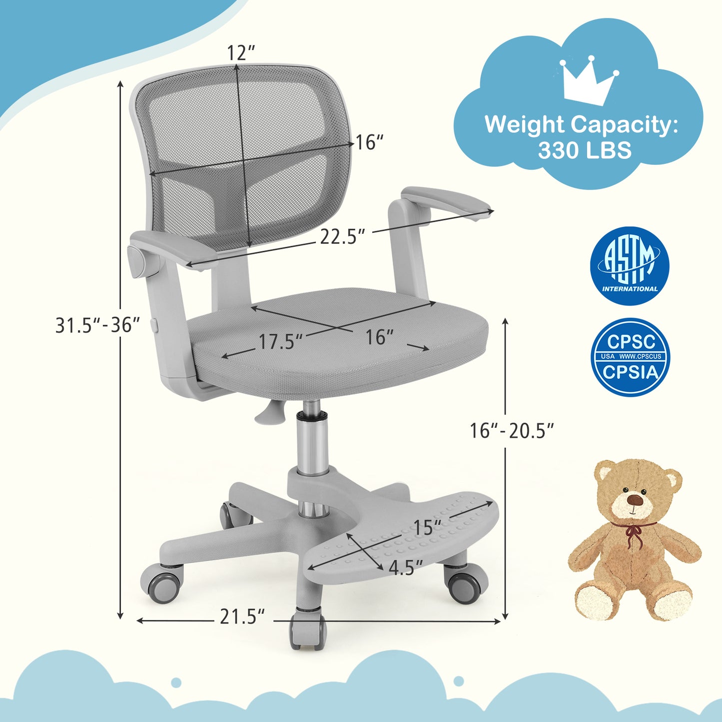 Kids Desk Chair with Adjustable Height and Footrest