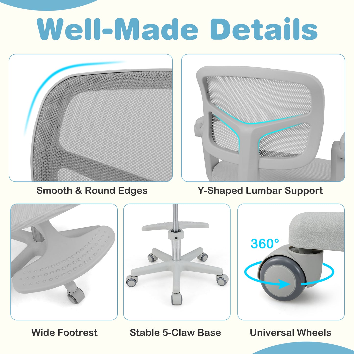 Kids Desk Chair with Adjustable Height and Footrest