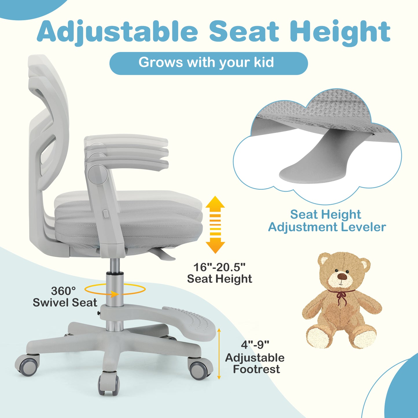 Kids Desk Chair with Adjustable Height and Footrest