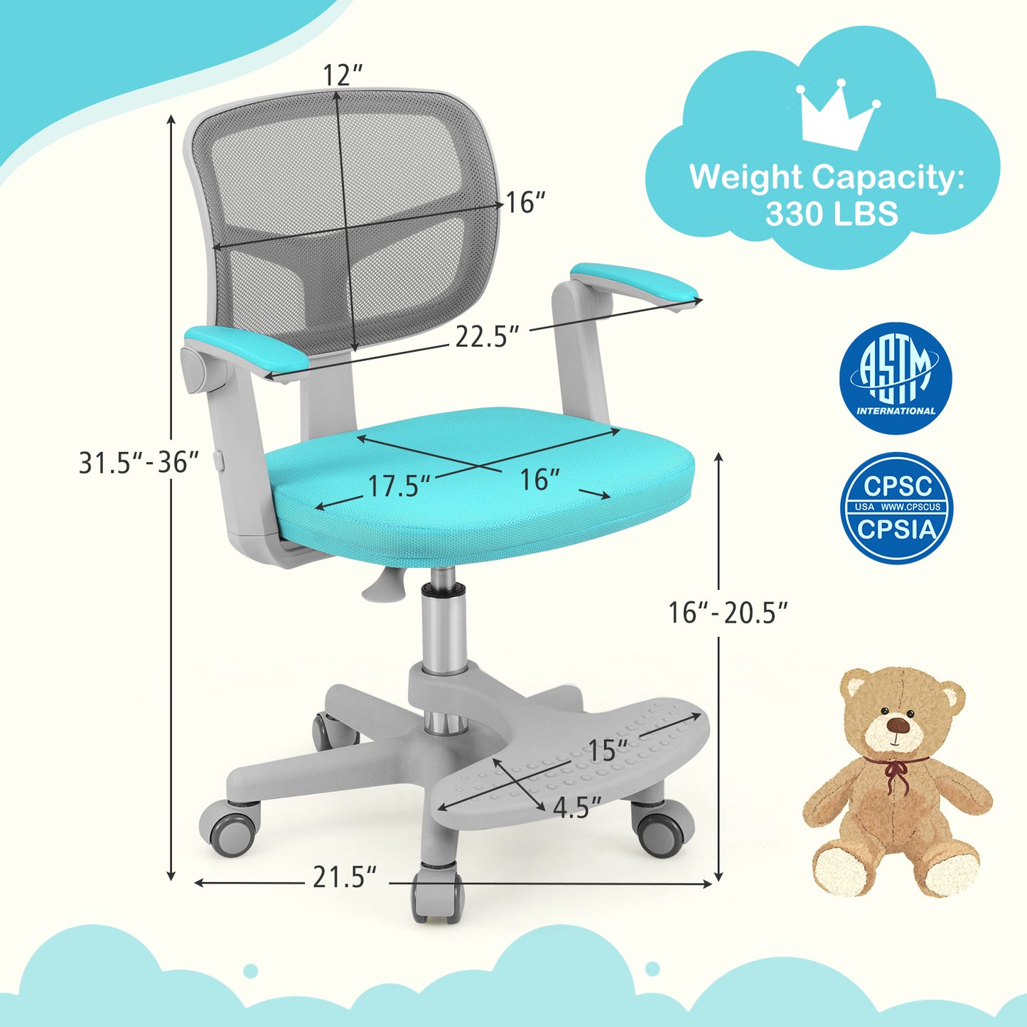 Kids Desk Chair with Adjustable Height and Footrest