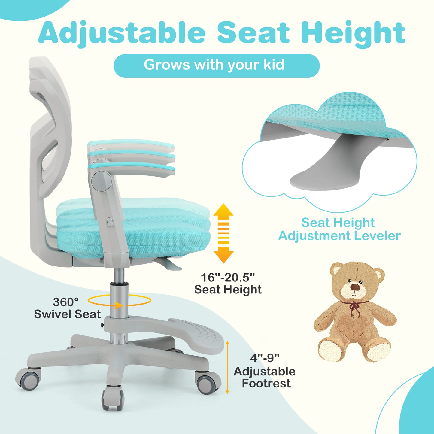 Kids Desk Chair with Adjustable Height and Footrest