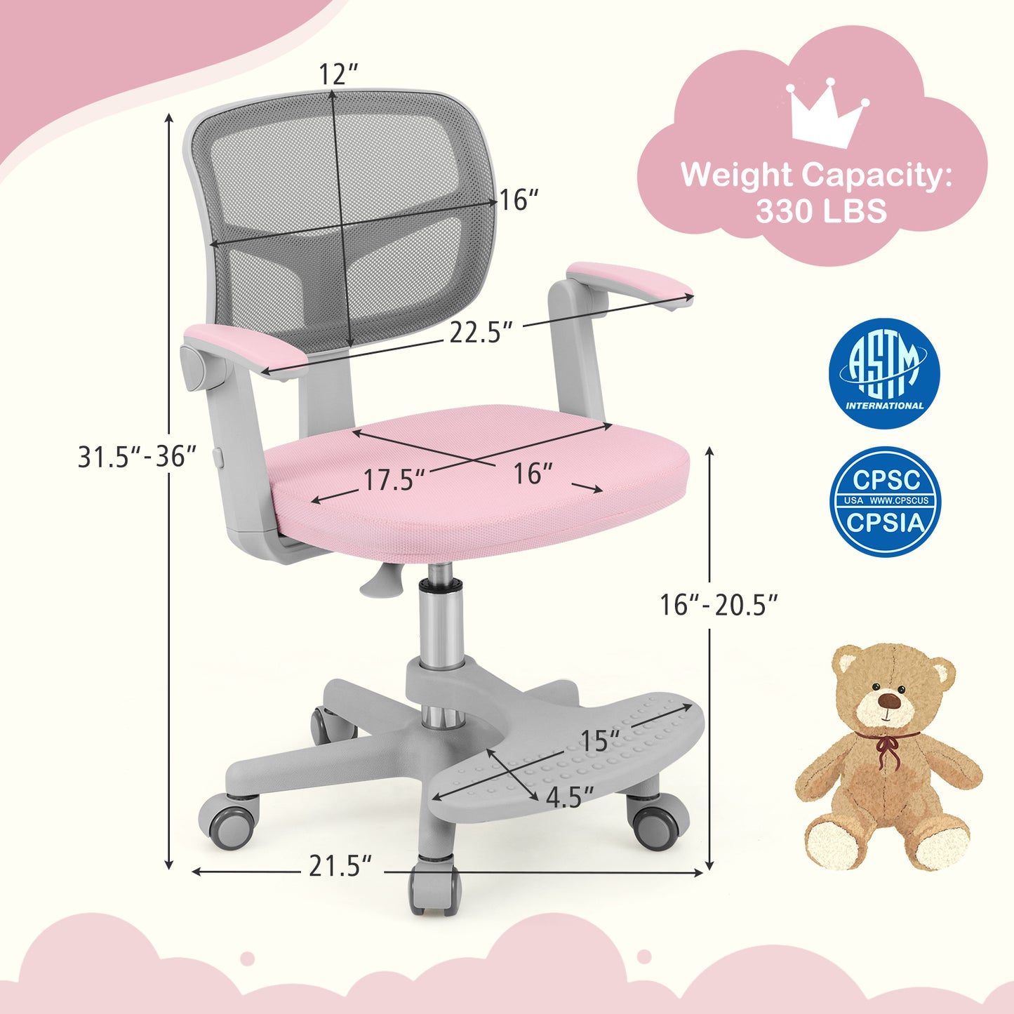 Kids Desk Chair with Adjustable Height and Footrest