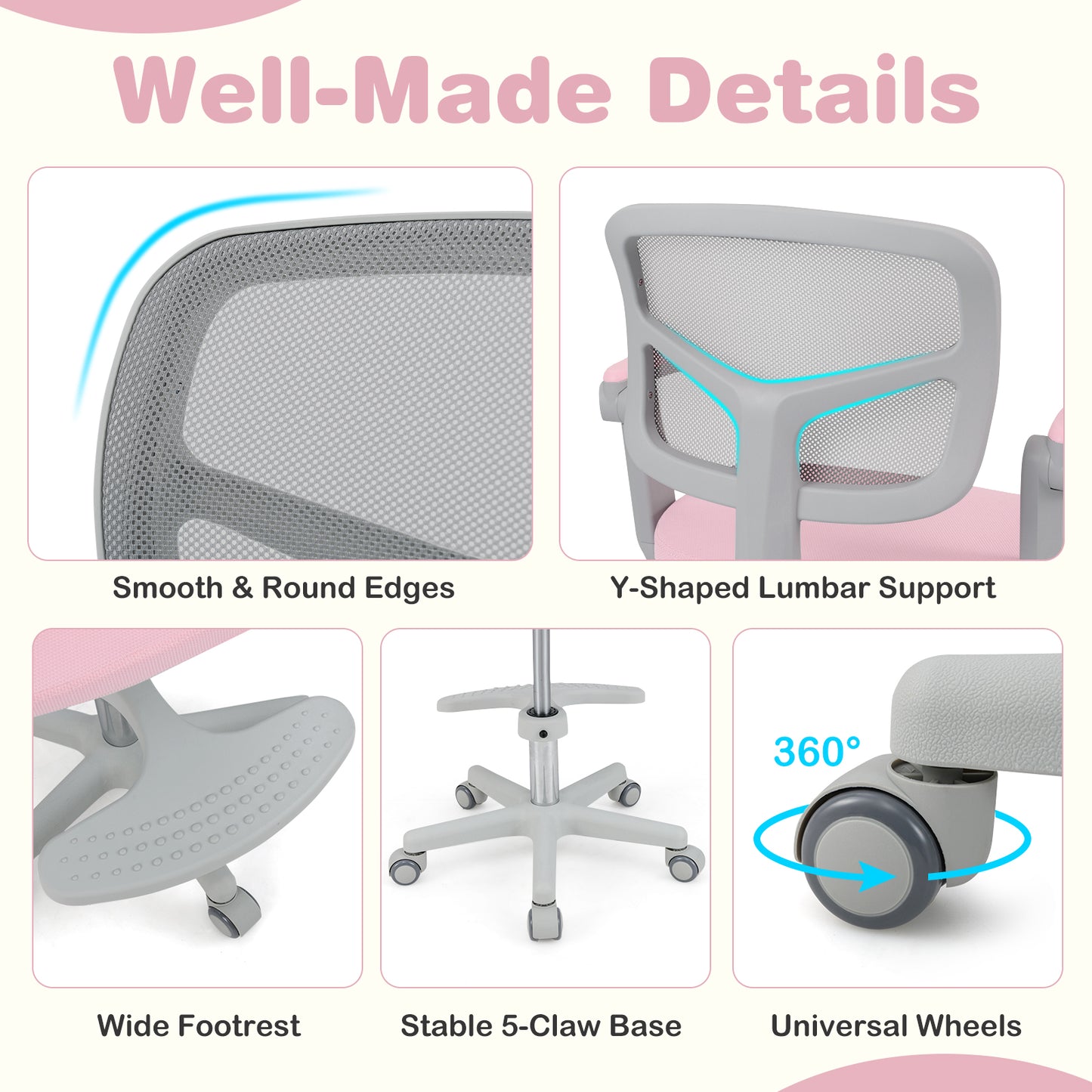 Kids Desk Chair with Adjustable Height and Footrest