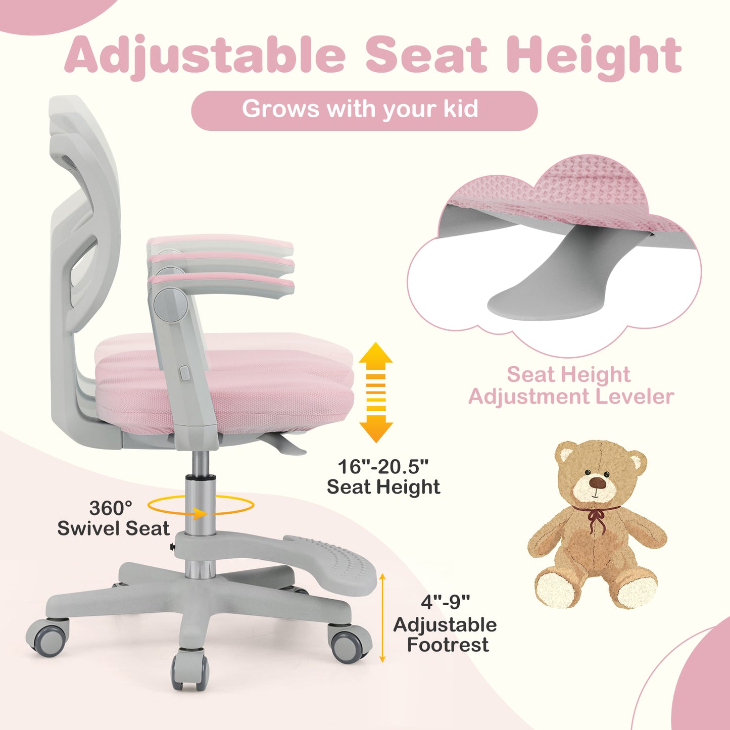 Kids Desk Chair with Adjustable Height and Footrest