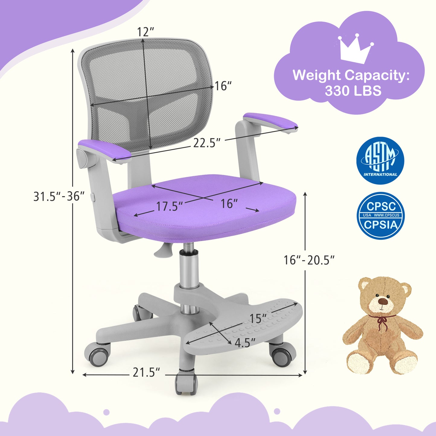 Kids Desk Chair with Adjustable Height and Footrest