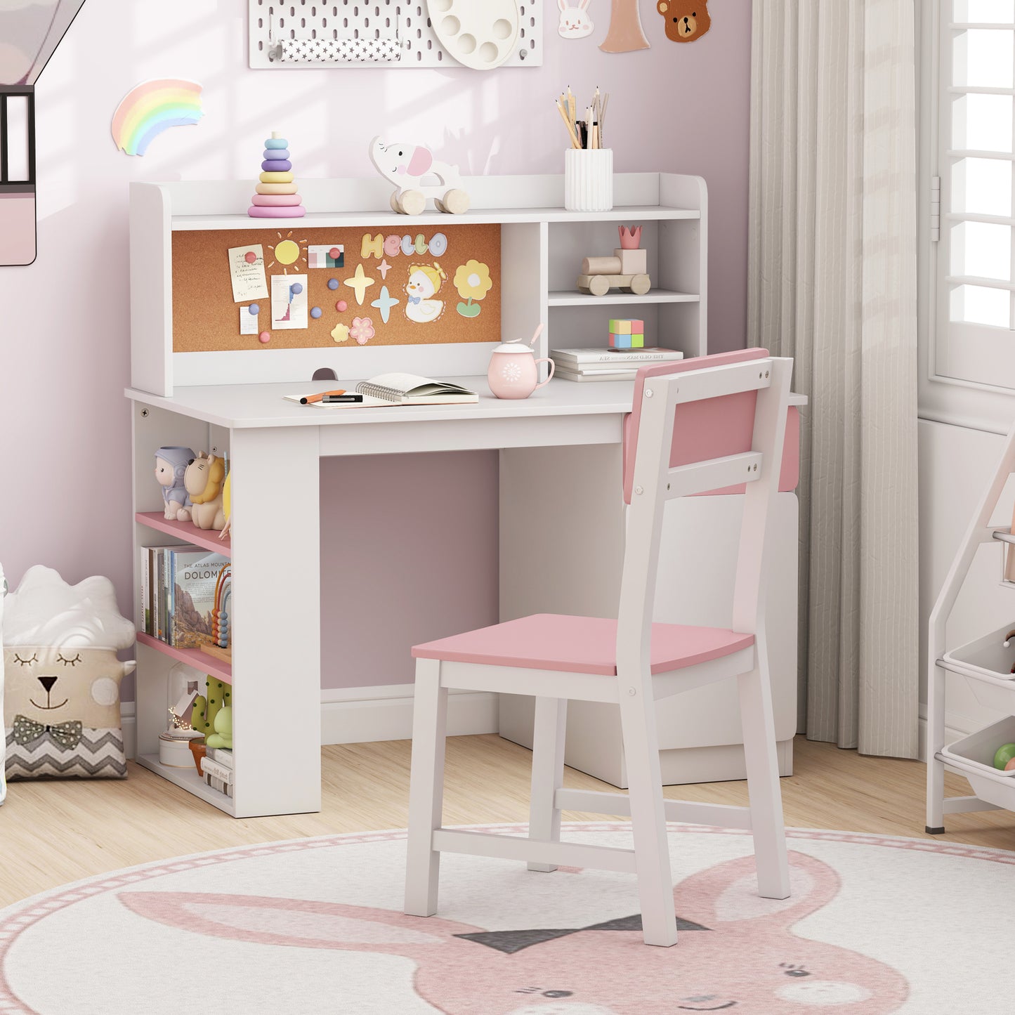 Kids Desk and Chair Set with Hutch and Storage Shelves