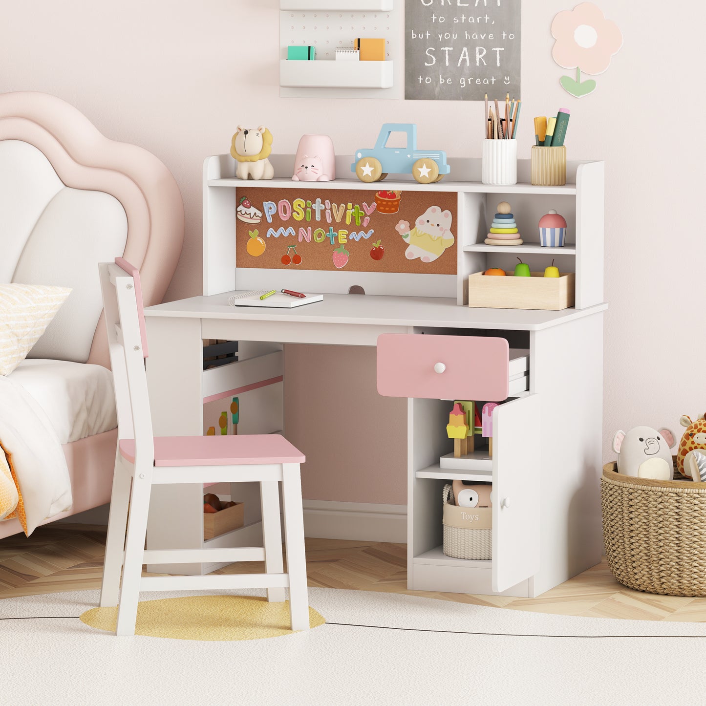 Kids Desk and Chair Set with Hutch and Storage Shelves