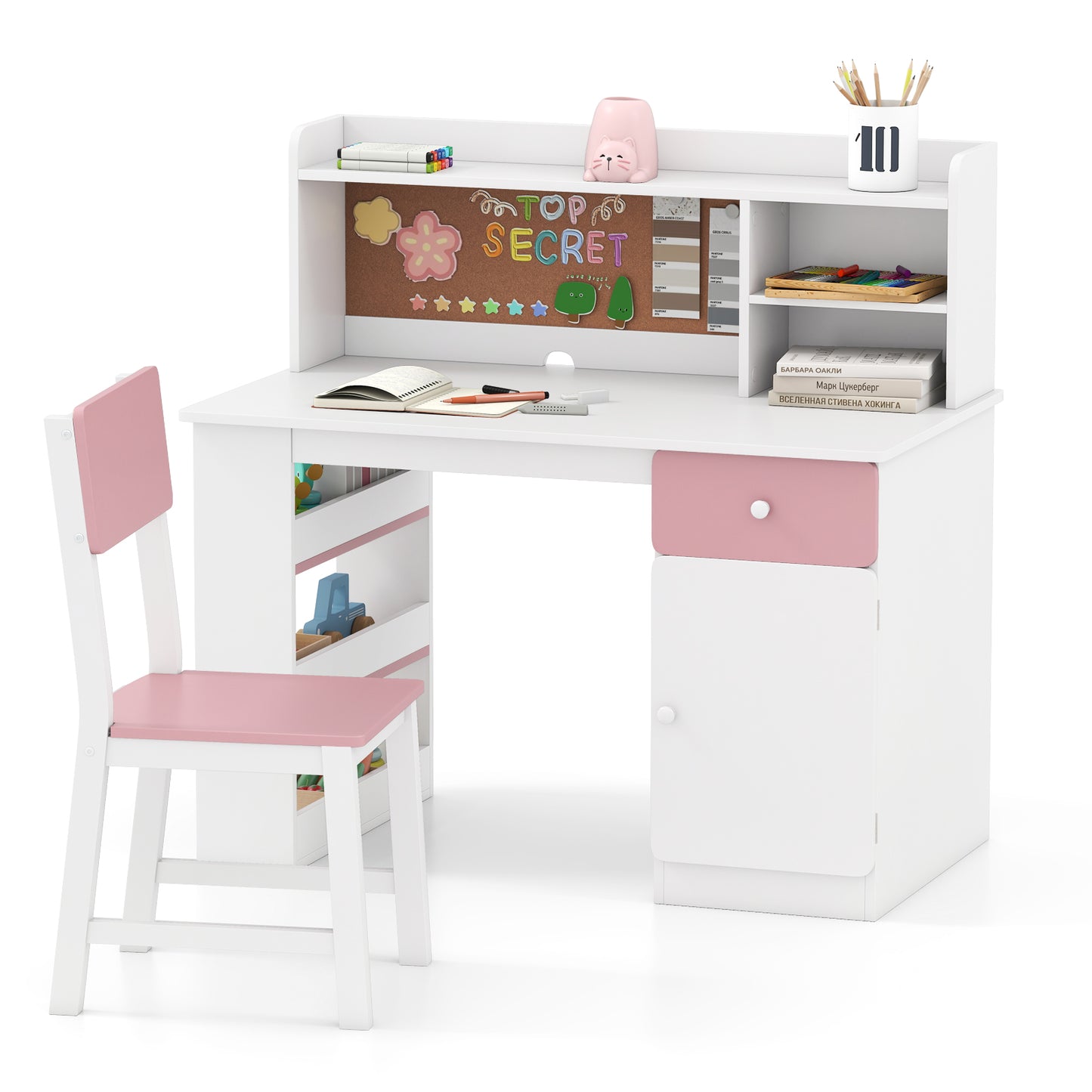 Kids Desk and Chair Set with Hutch and Storage Shelves