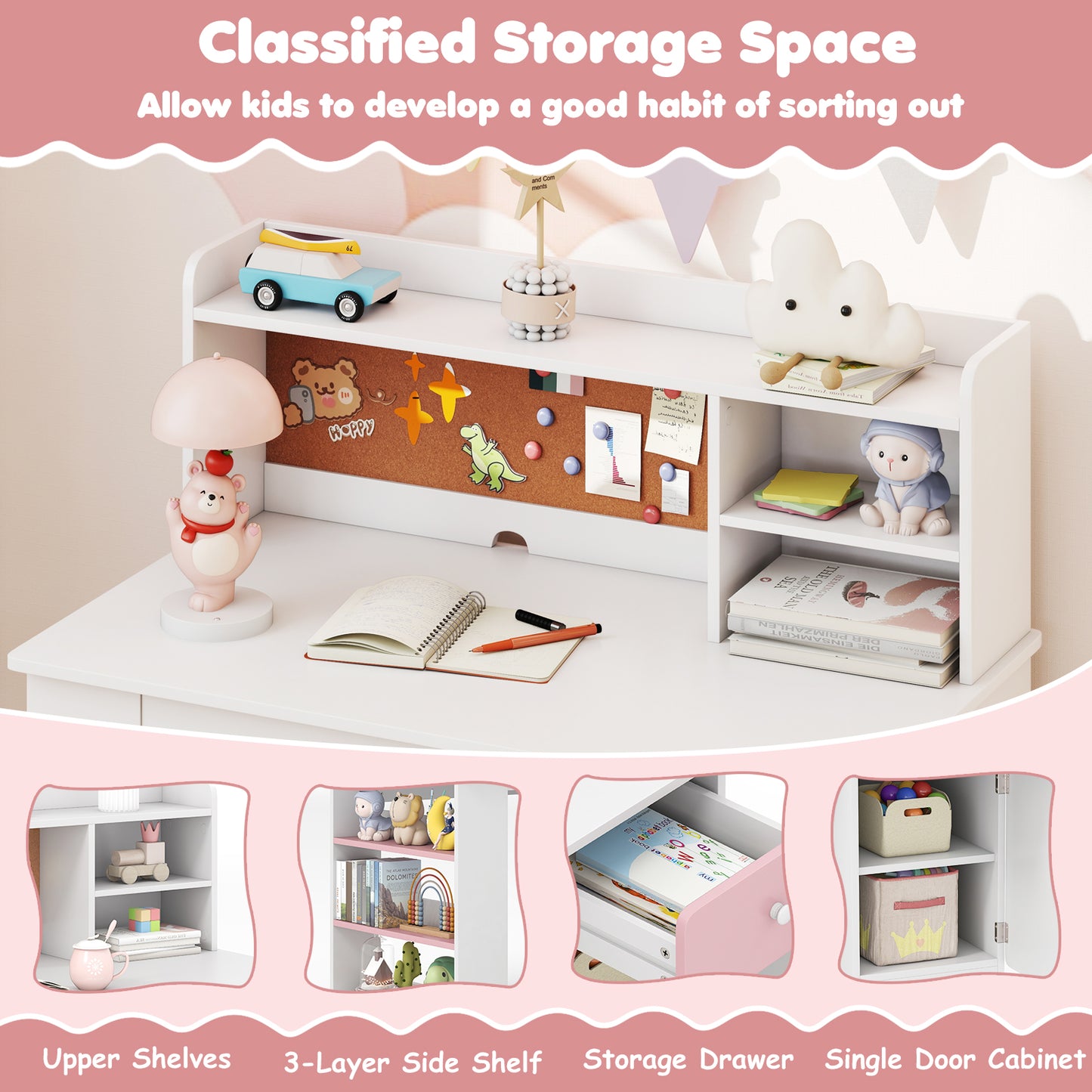 Kids Desk and Chair Set with Hutch and Storage Shelves