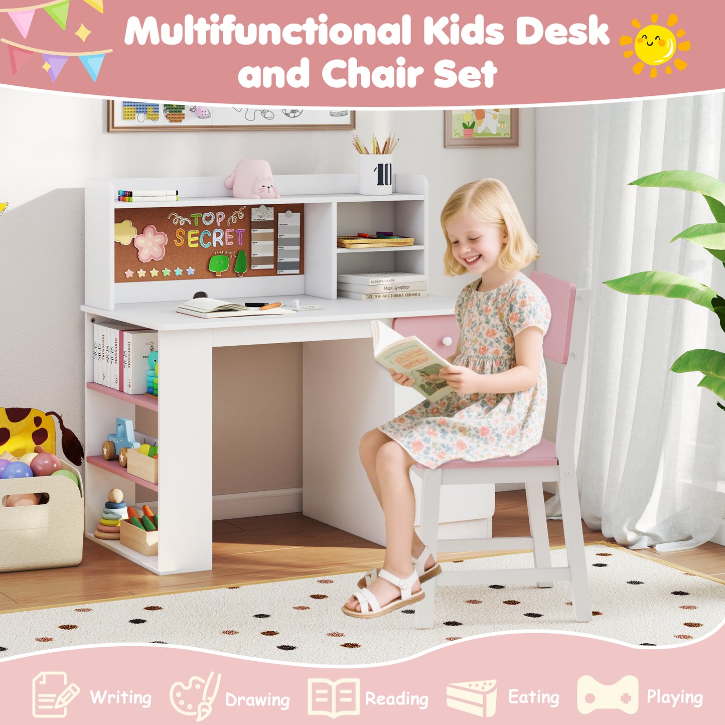 Kids Desk and Chair Set with Hutch and Storage Shelves