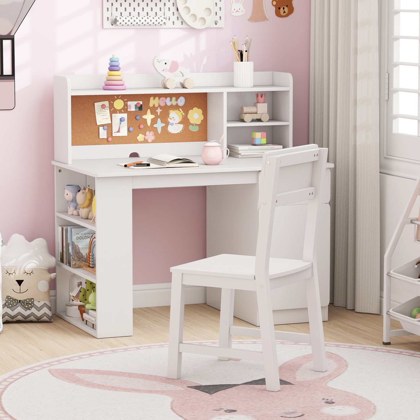 Kids Desk and Chair Set with Hutch and Storage Shelves