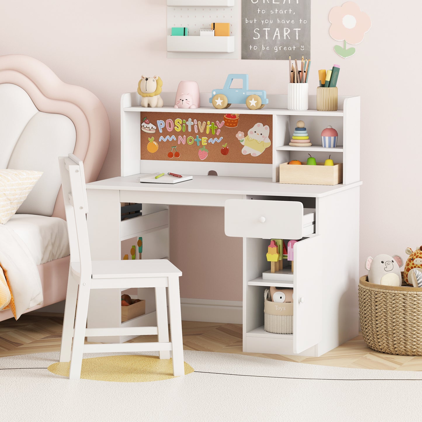 Kids Desk and Chair Set with Hutch and Storage Shelves