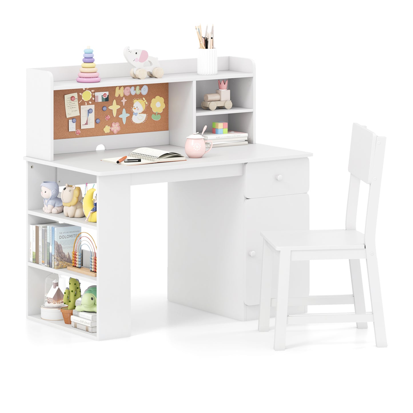 Kids Desk and Chair Set with Hutch and Storage Shelves