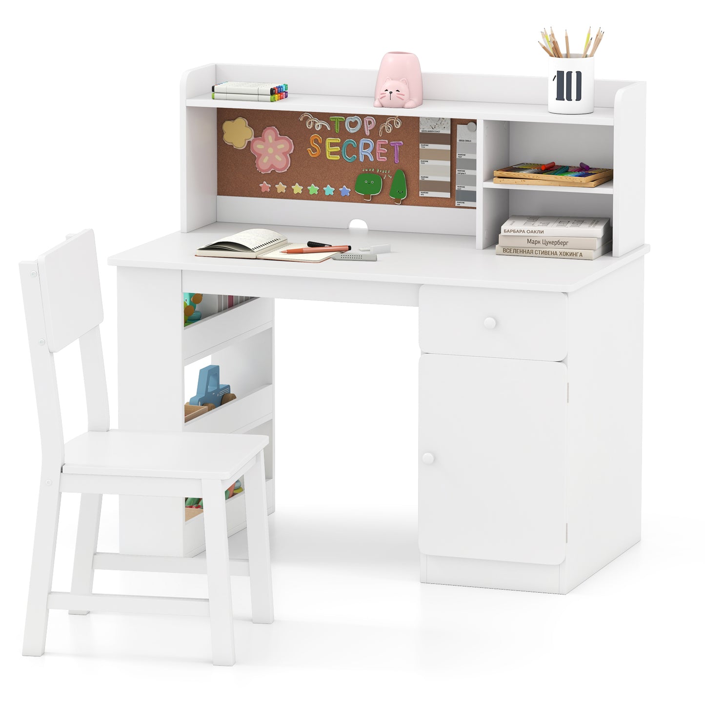 Kids Desk and Chair Set with Hutch and Storage Shelves