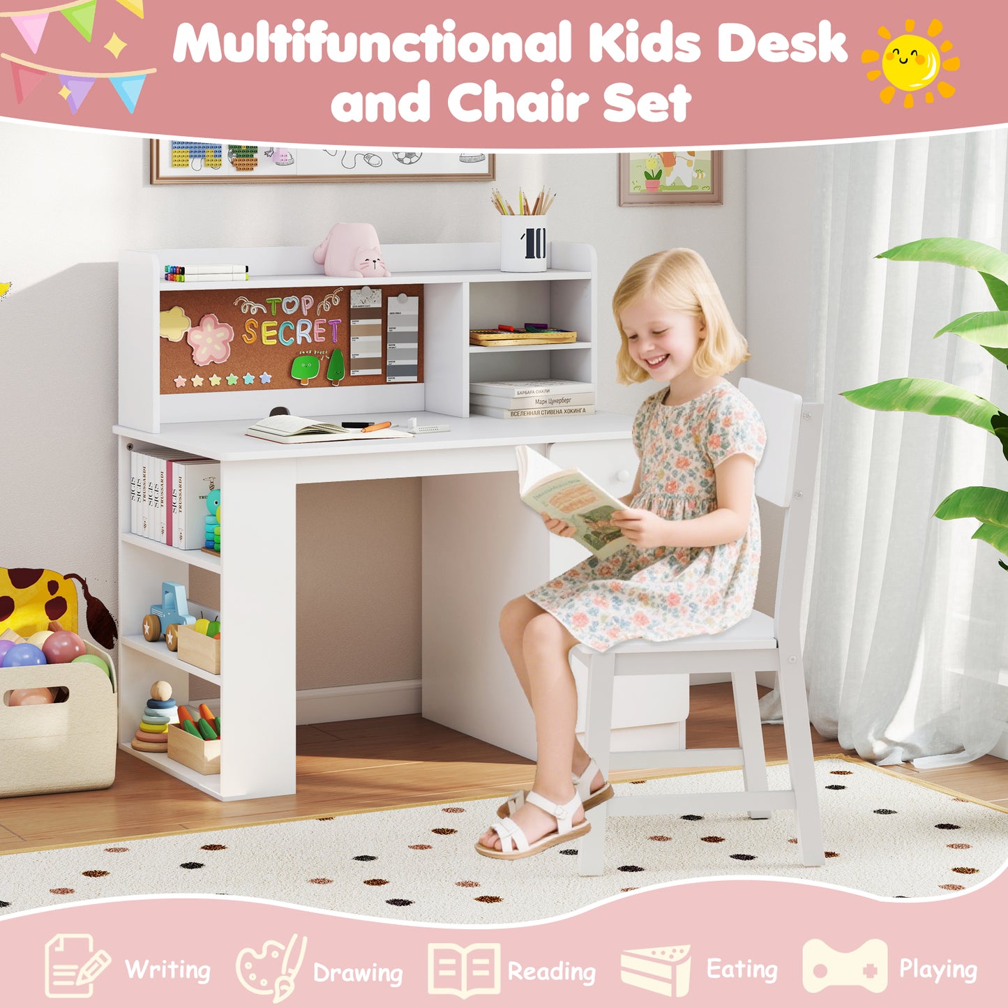 Kids Desk and Chair Set with Hutch and Storage Shelves