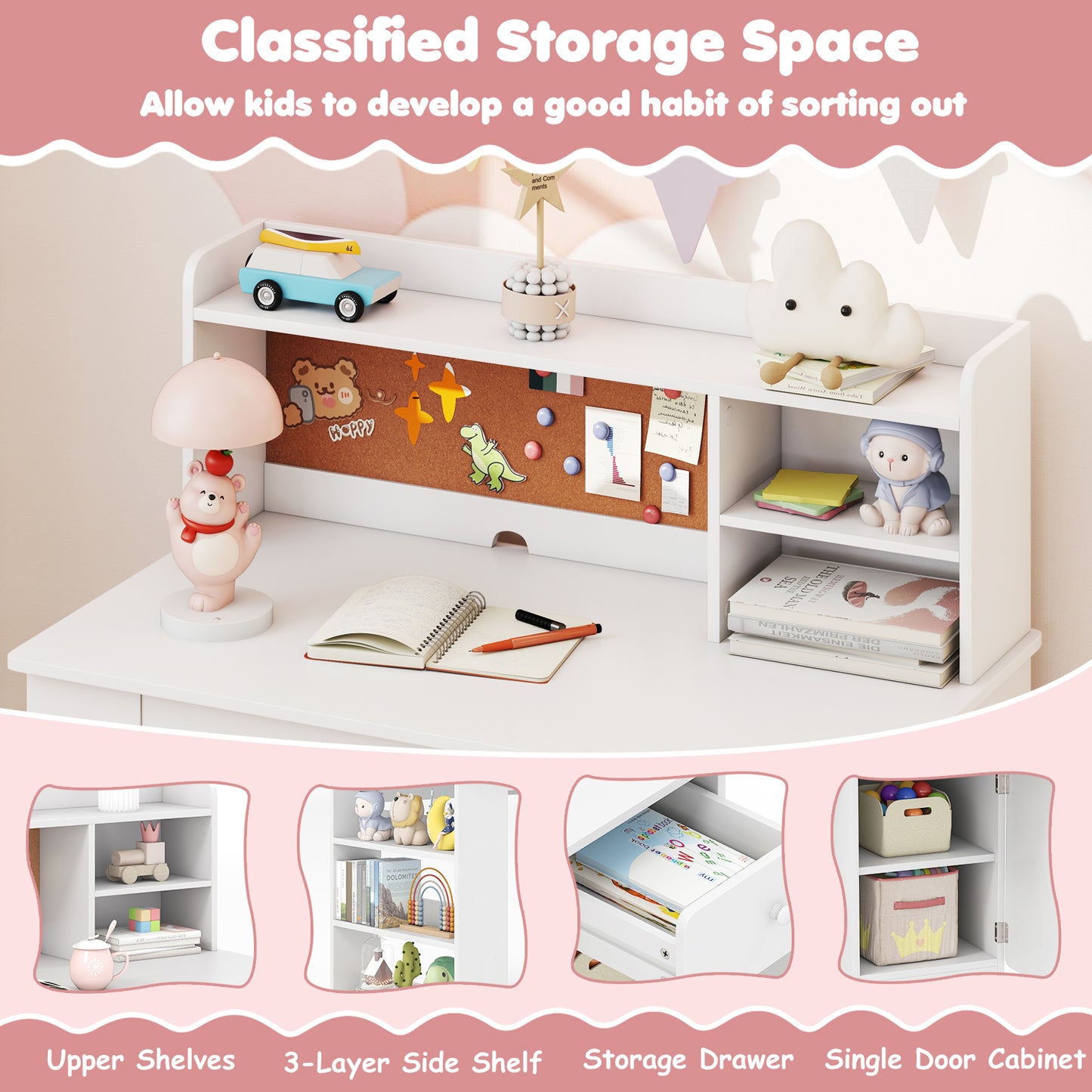 Kids Desk and Chair Set with Hutch and Storage Shelves