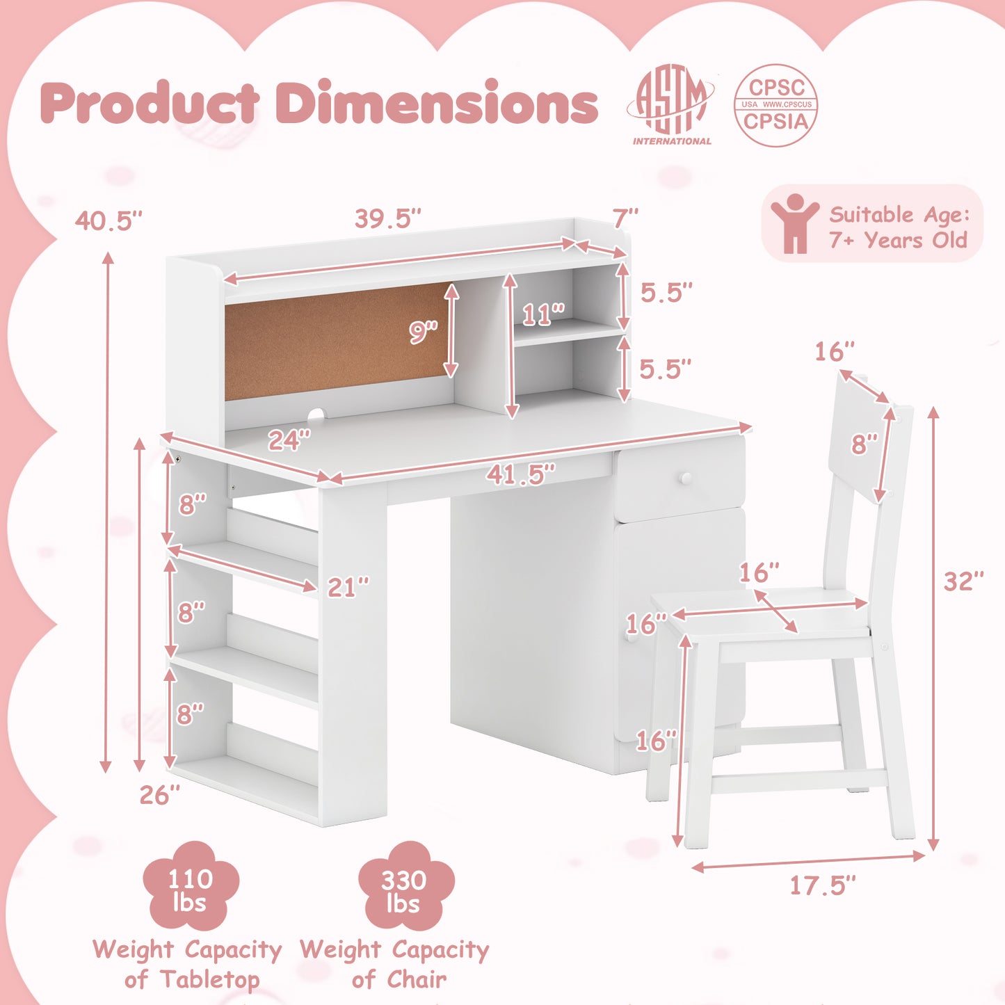 Kids Desk and Chair Set with Hutch and Storage Shelves