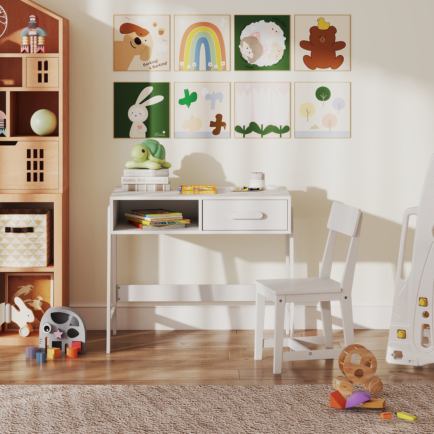 Kids Desk and Chair Set with Storage Drawer and Hutch