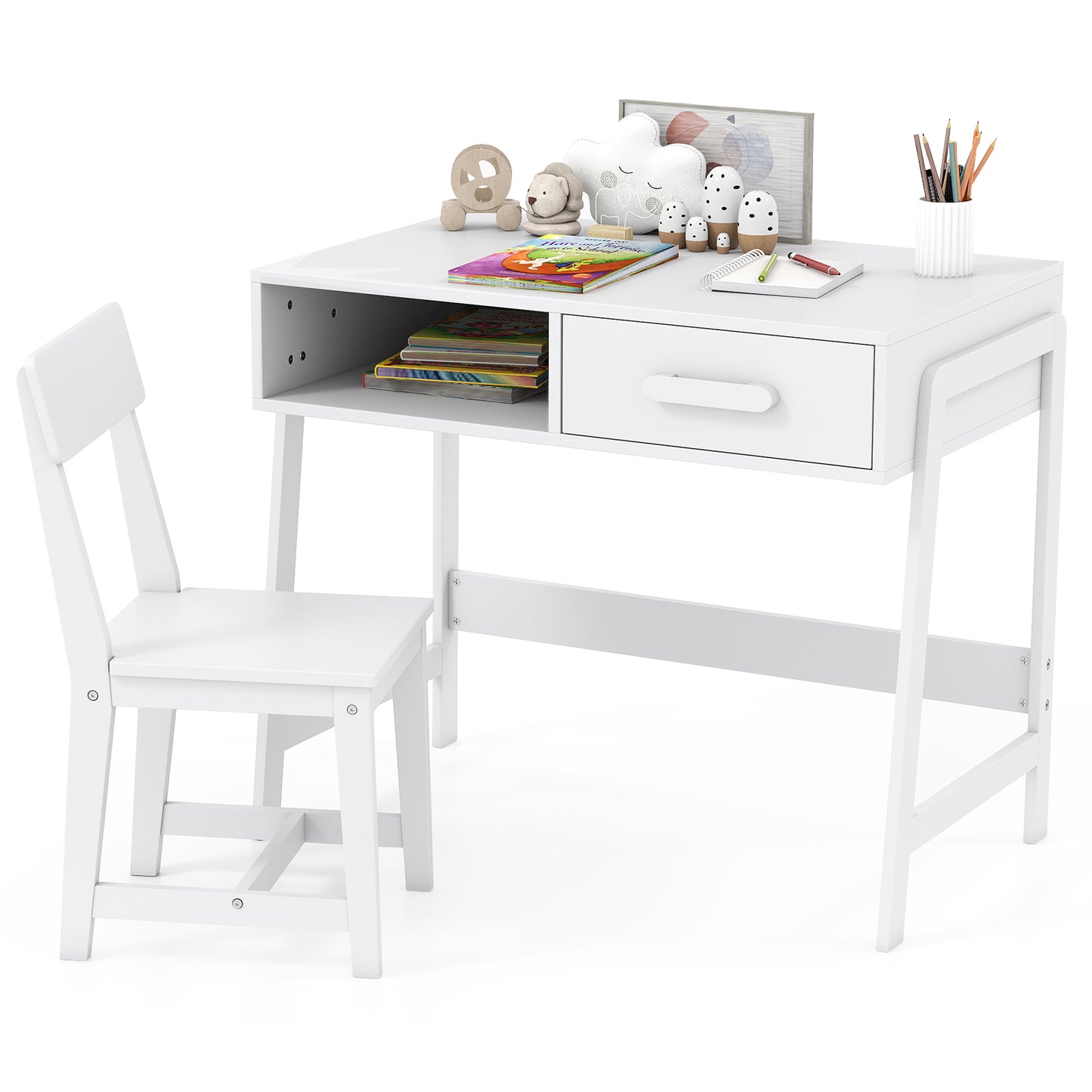 Kids Desk and Chair Set with Storage Drawer and Hutch