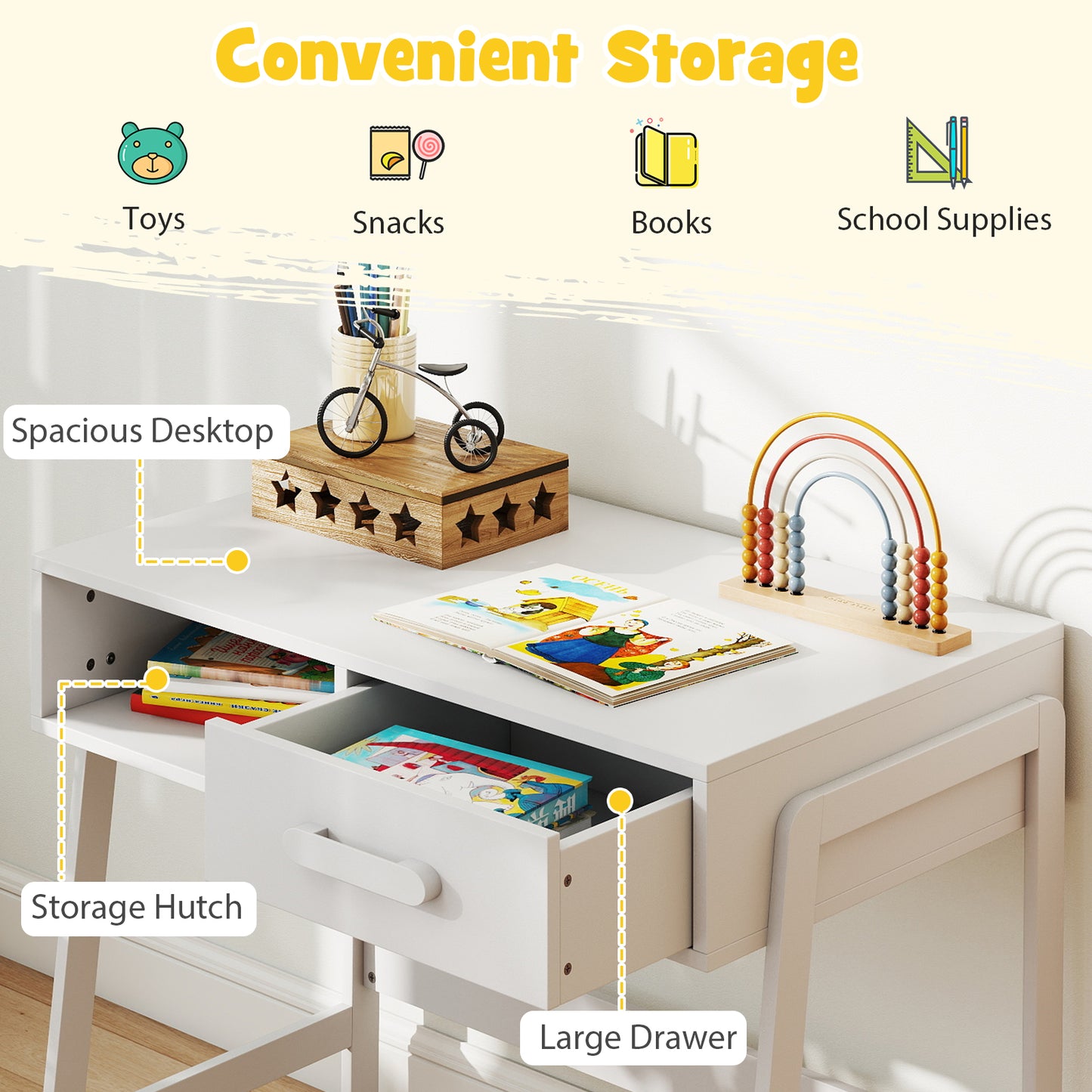 Kids Desk and Chair Set with Storage Drawer and Hutch