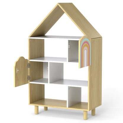 Kids Dollhouse Bookshelf House-shaped Bookcase Children Toy Storage Organizer-Natural