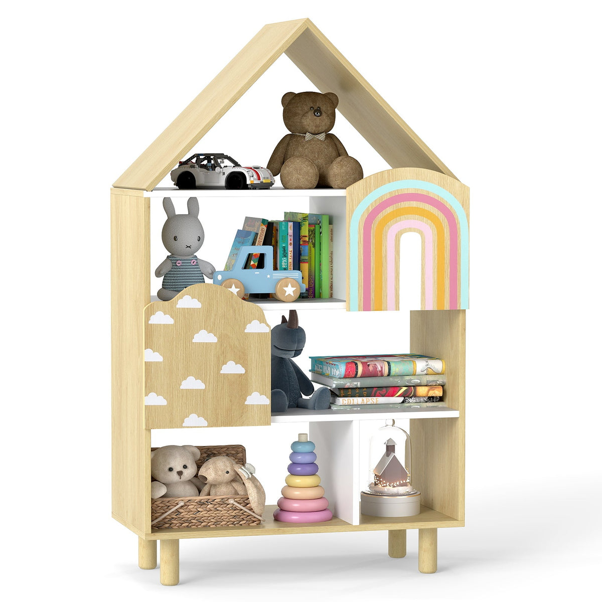 Kids Dollhouse Bookshelf House-shaped Bookcase Children Toy Storage Organizer-Natural