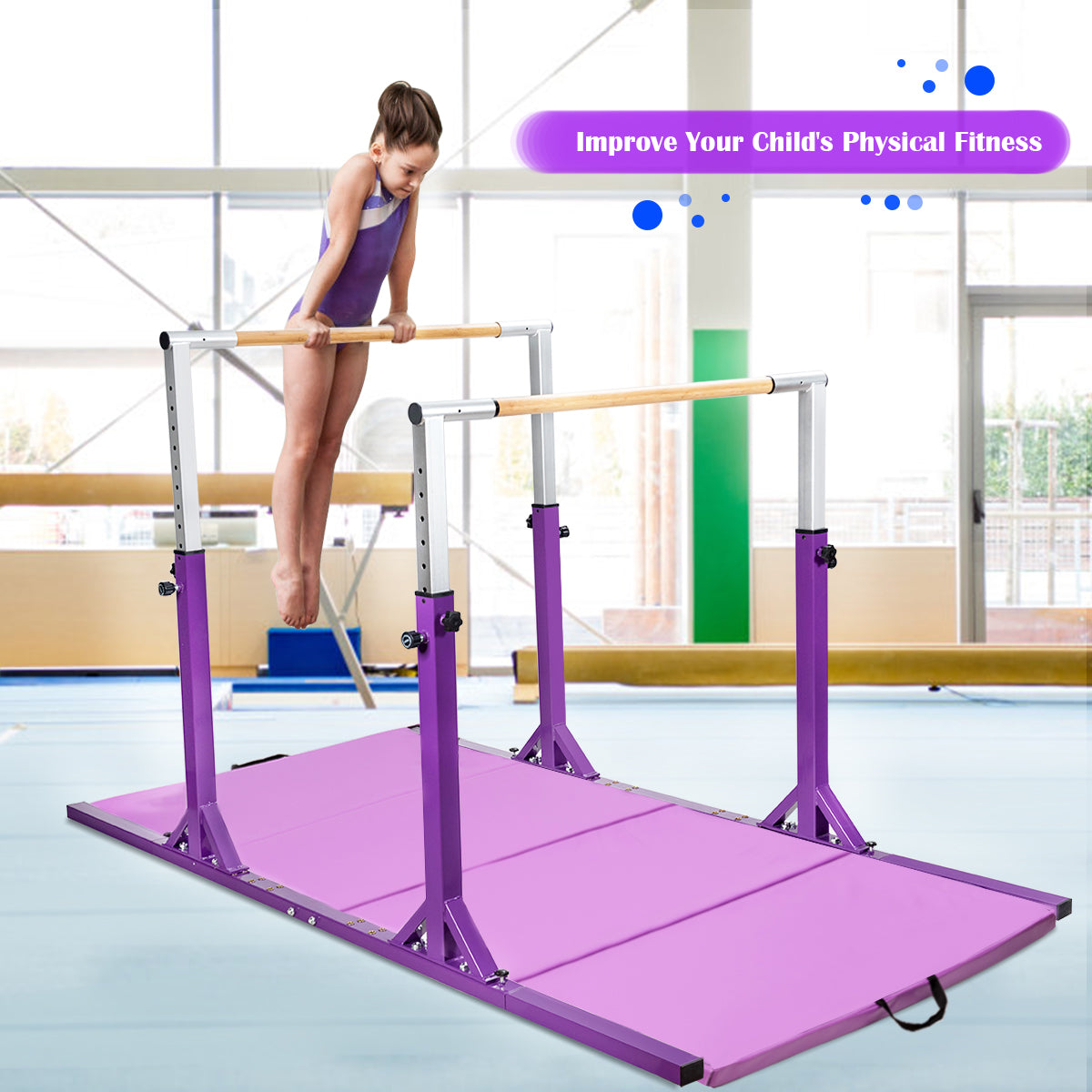Kids Double Horizontal Bars Gymnastic Training Parallel Bars Adjustable-Purple