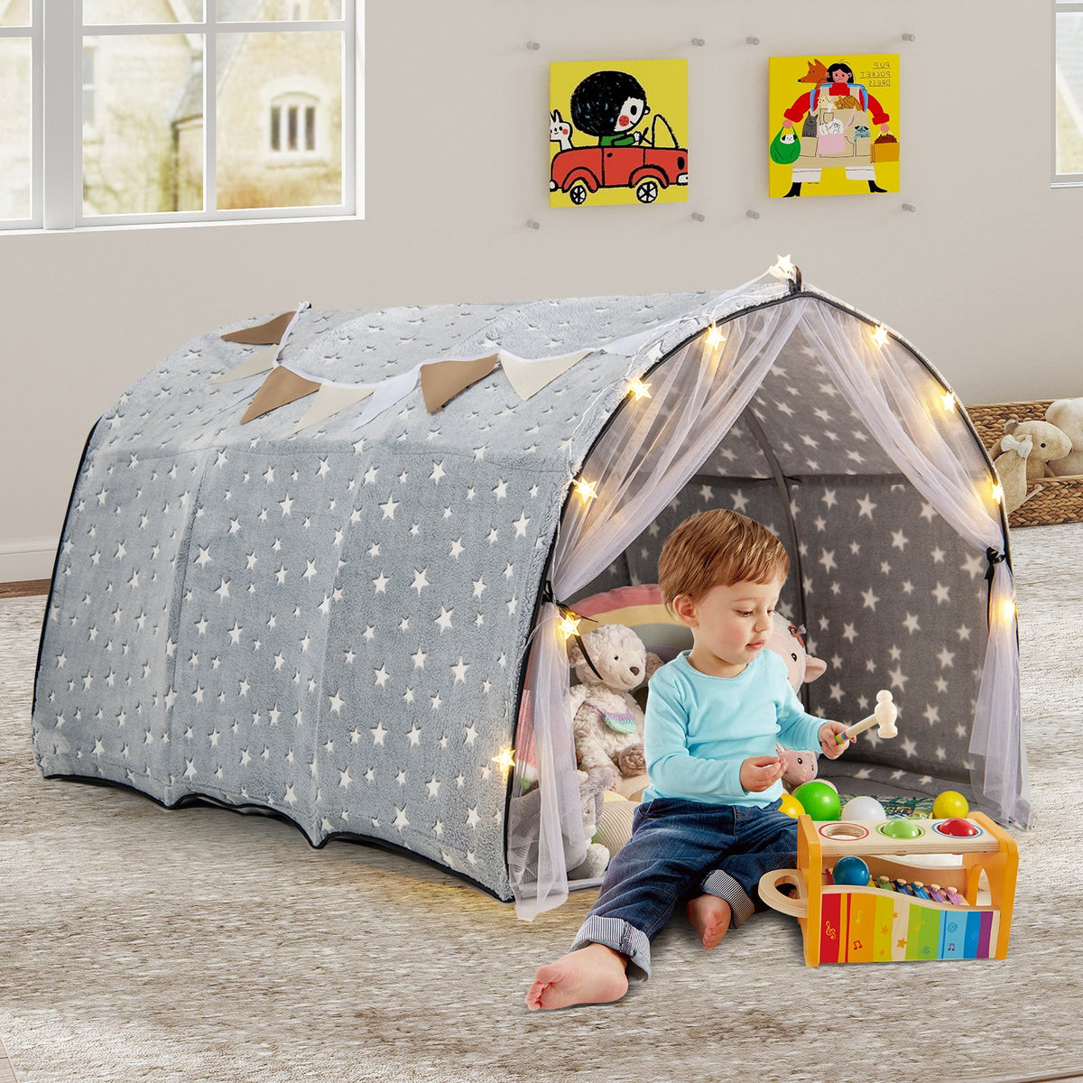 Kids Dream Bed Tent Twin Bunk Bed with Glow in the Dark Stars and Lights-Gray