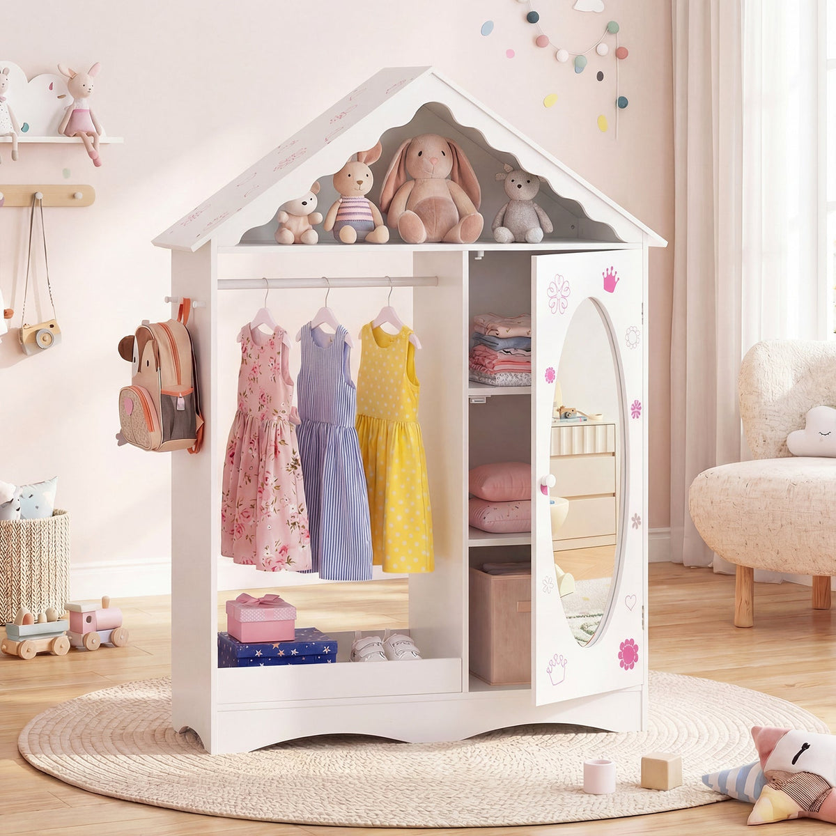 Kids Dress Up Storage with Mirror Roofed Wardrobe Closet with Open Hanging Rack