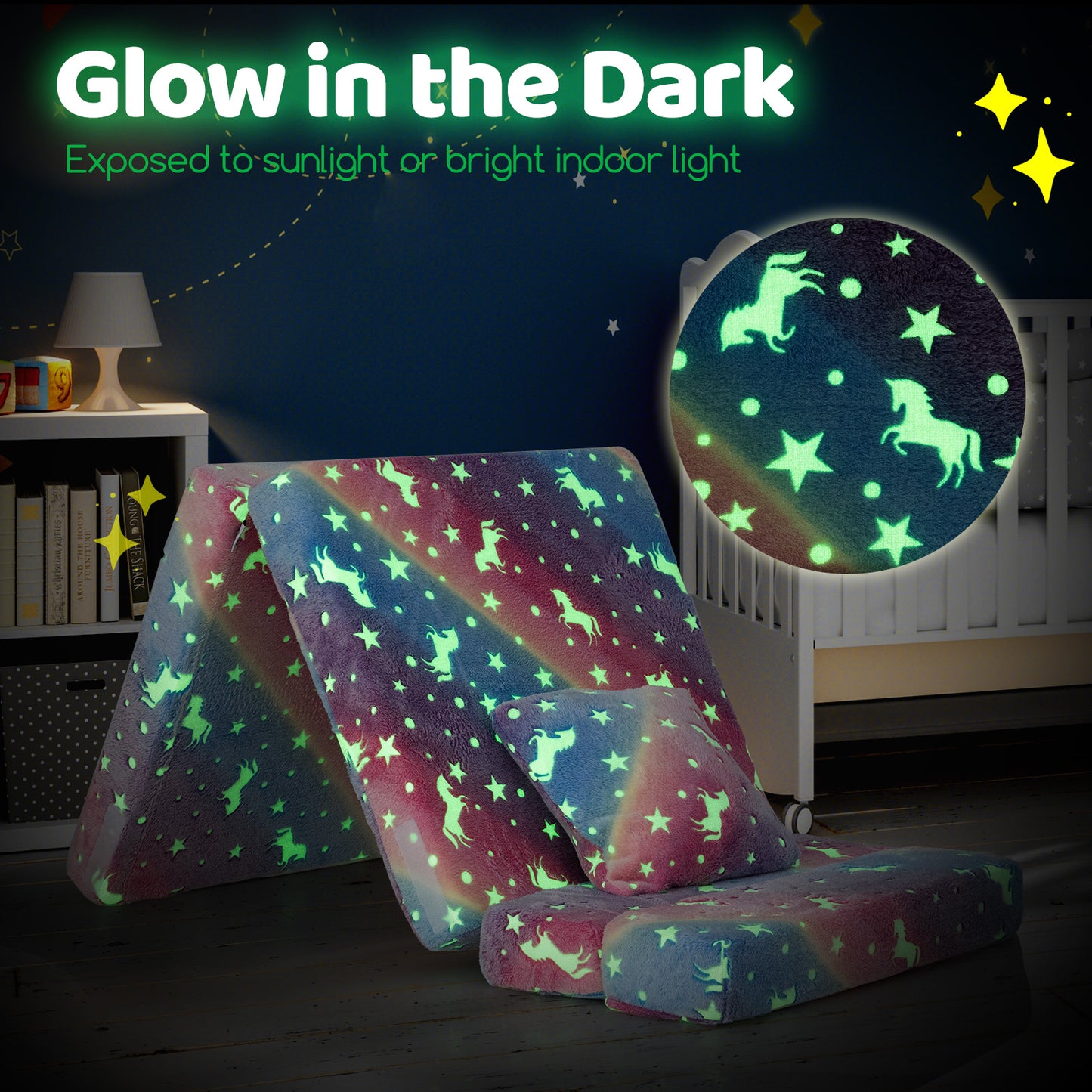 Kids Folding Sofa Bed with Glow in the Dark Design & Pillow