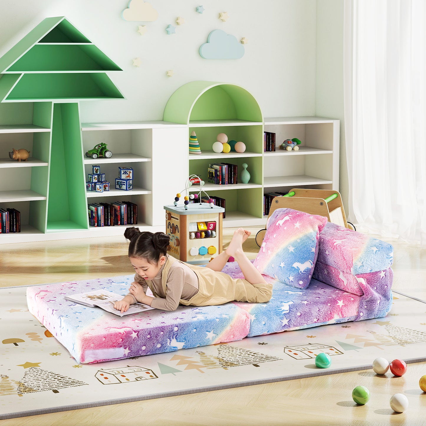 Kids Folding Sofa Bed with Glow in the Dark Design & Pillow
