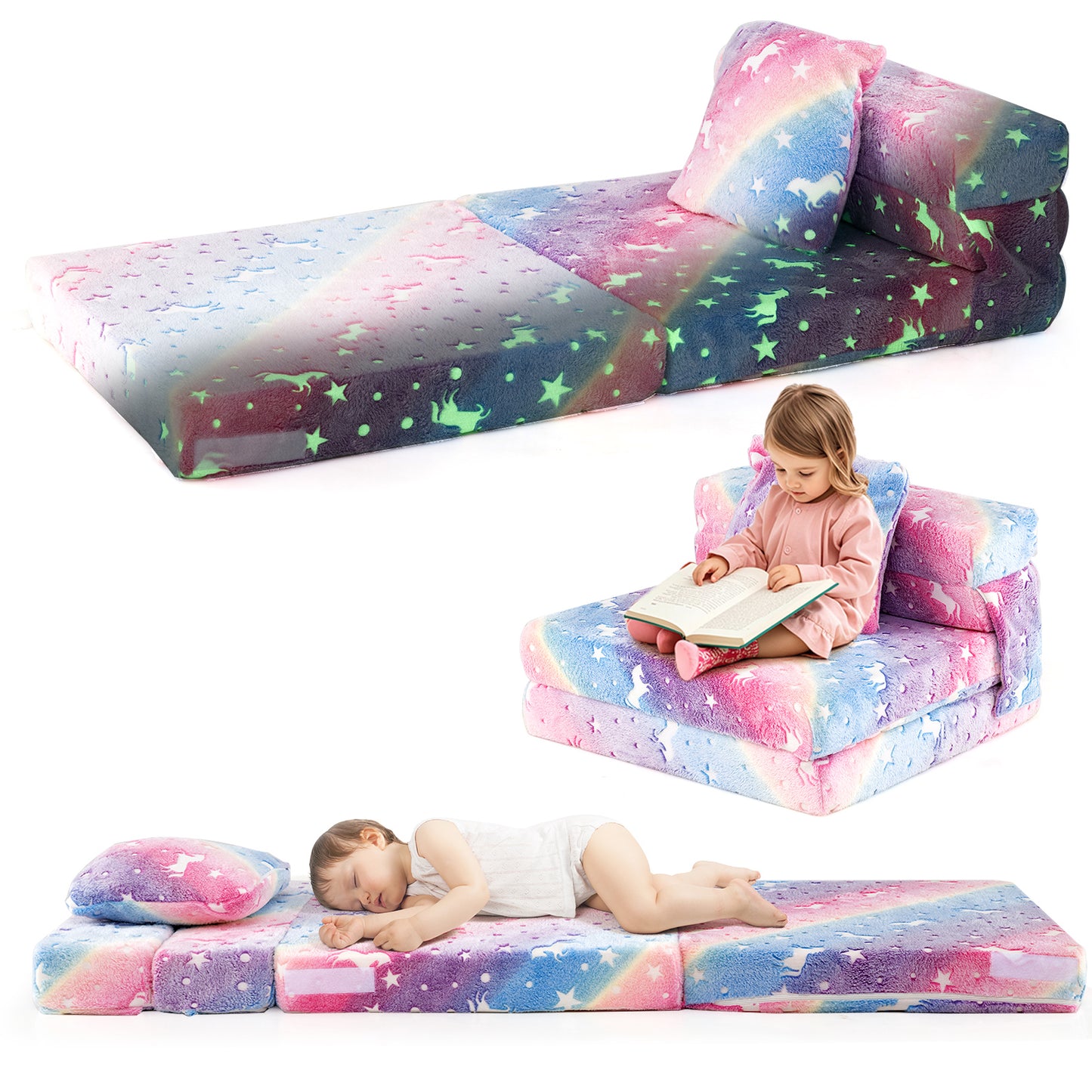 Kids Folding Sofa Bed with Glow in the Dark Design & Pillow