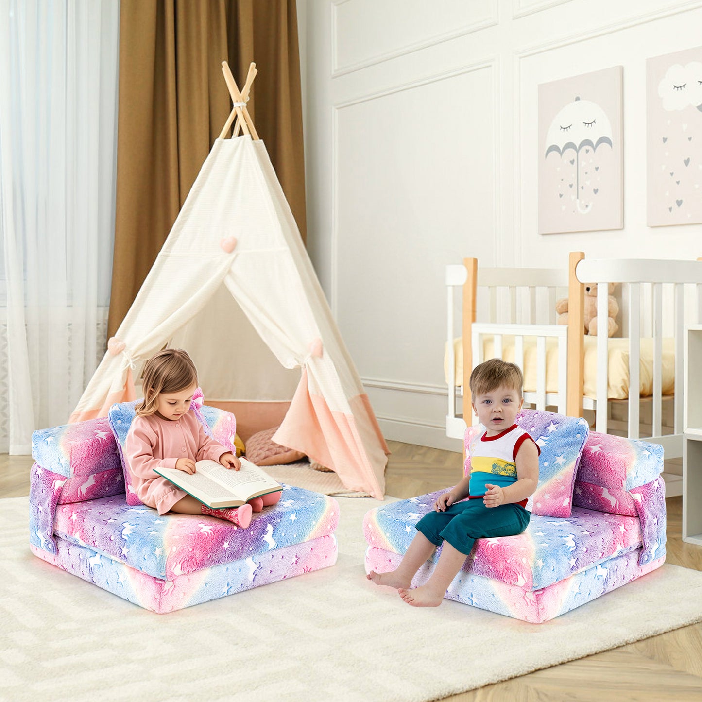 Kids Folding Sofa Bed with Glow in the Dark Design & Pillow