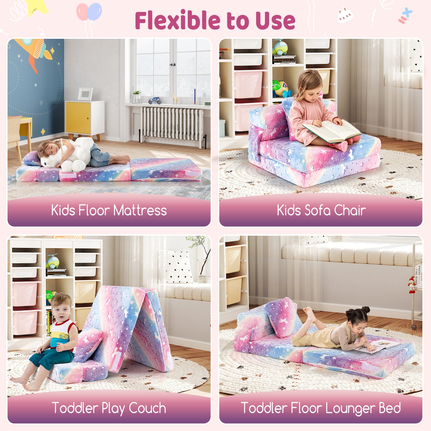 Kids Folding Sofa Bed with Glow in the Dark Design & Pillow