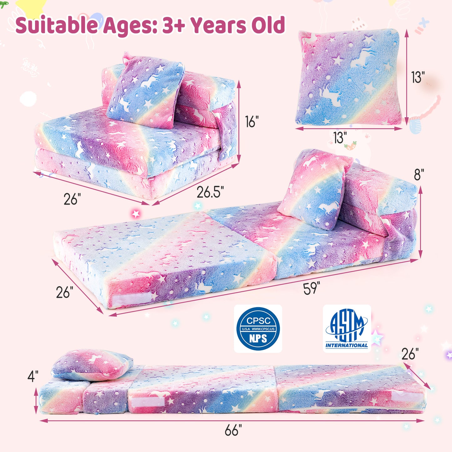 Kids Folding Sofa Bed with Glow in the Dark Design & Pillow