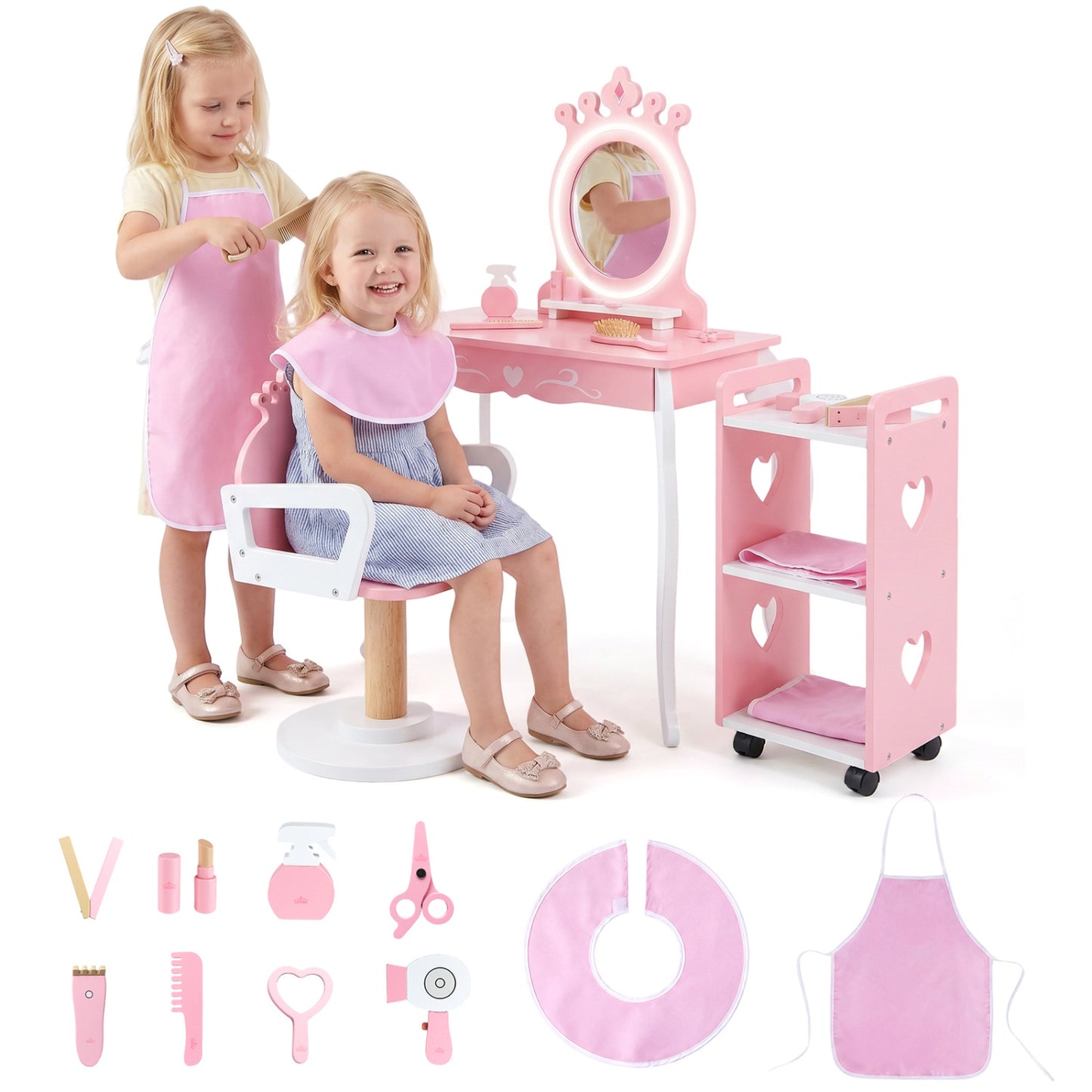 Kids Hair Salon Play Set with LED Mirror and Swivel Chair