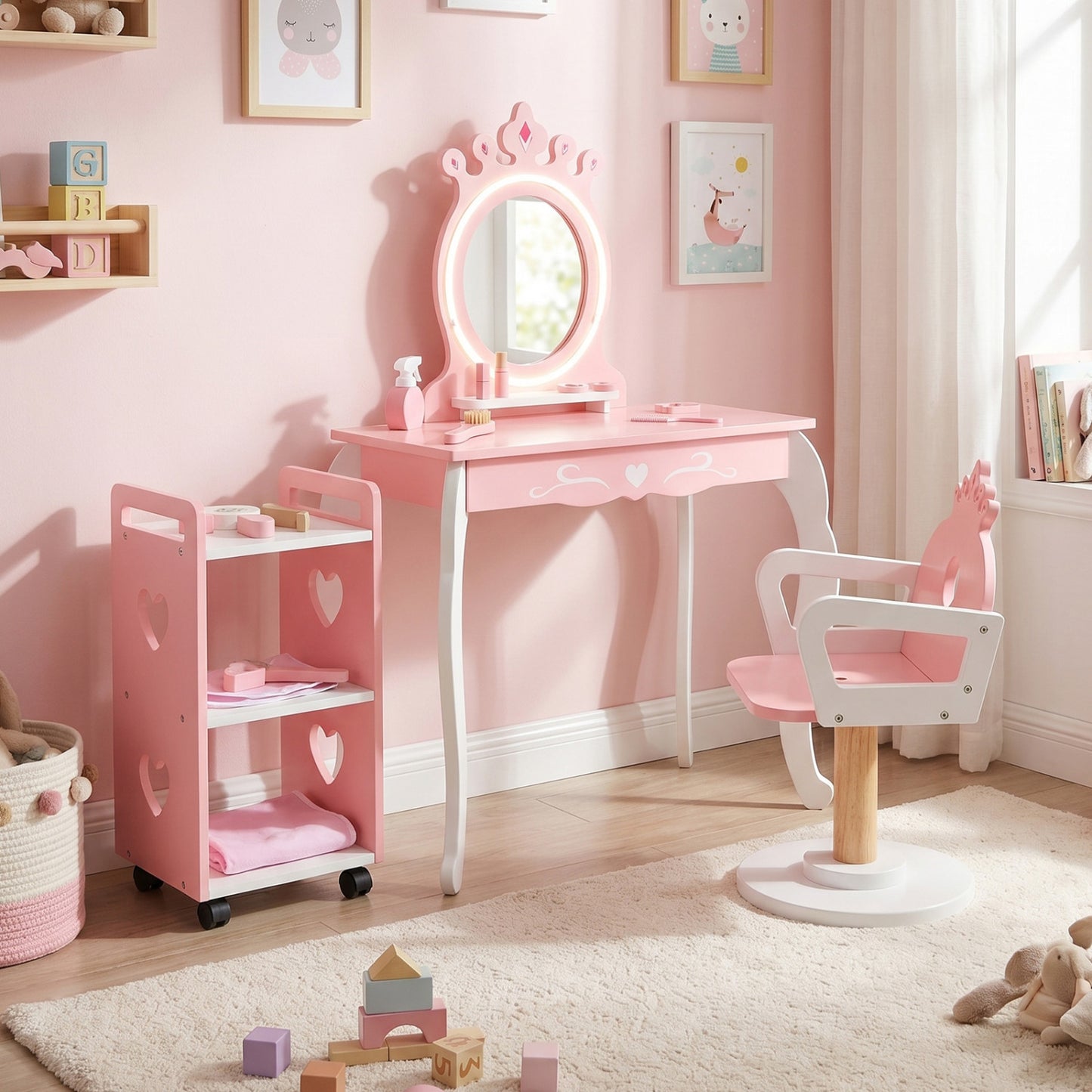 Kids Hair Salon Play Set with LED Mirror and Swivel Chair