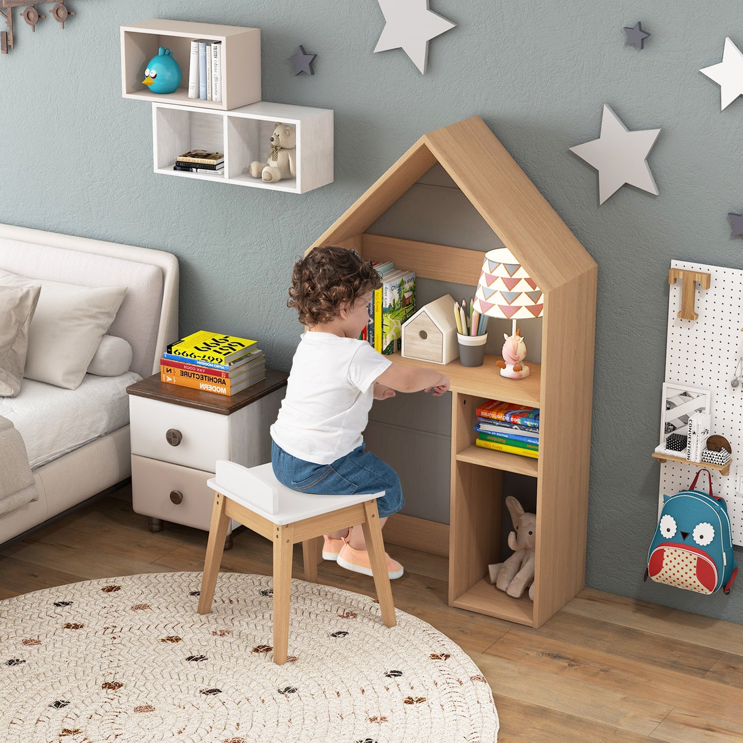 Kids House-Shaped Table and Chair Set with Blackboard