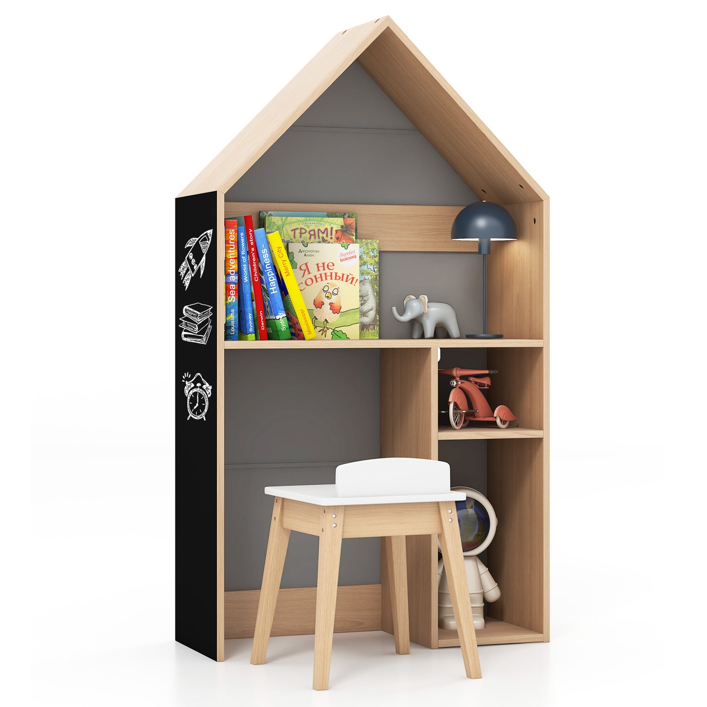 Kids House-Shaped Table and Chair Set with Blackboard