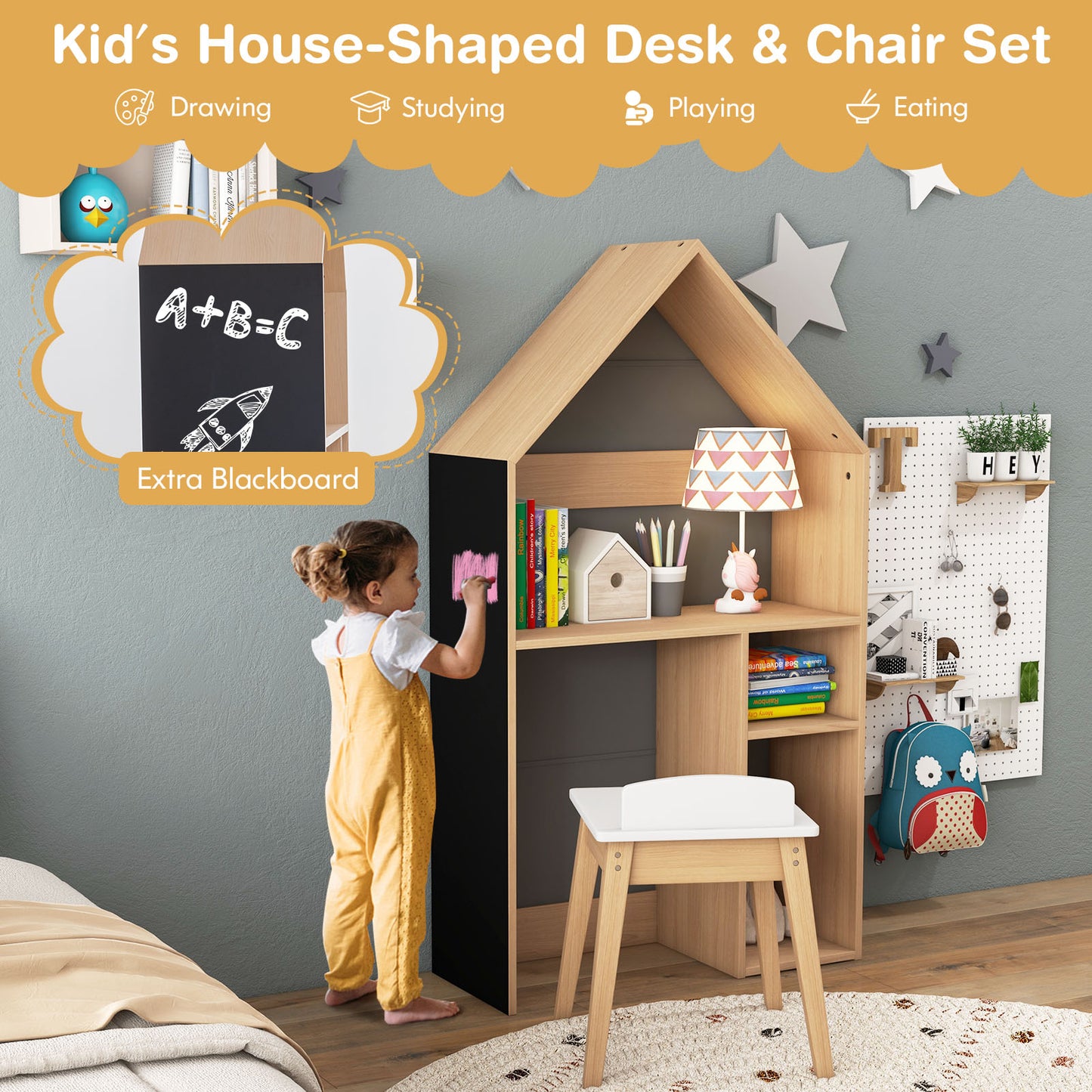 Kids House-Shaped Table and Chair Set with Blackboard
