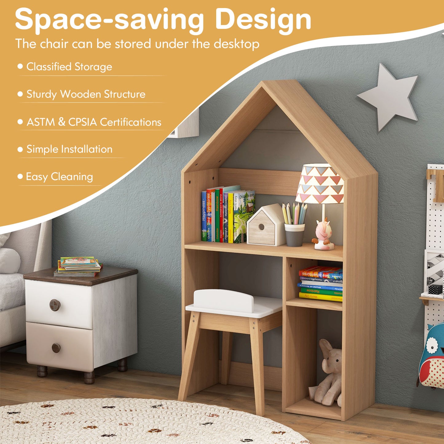Kids House-Shaped Table and Chair Set with Blackboard